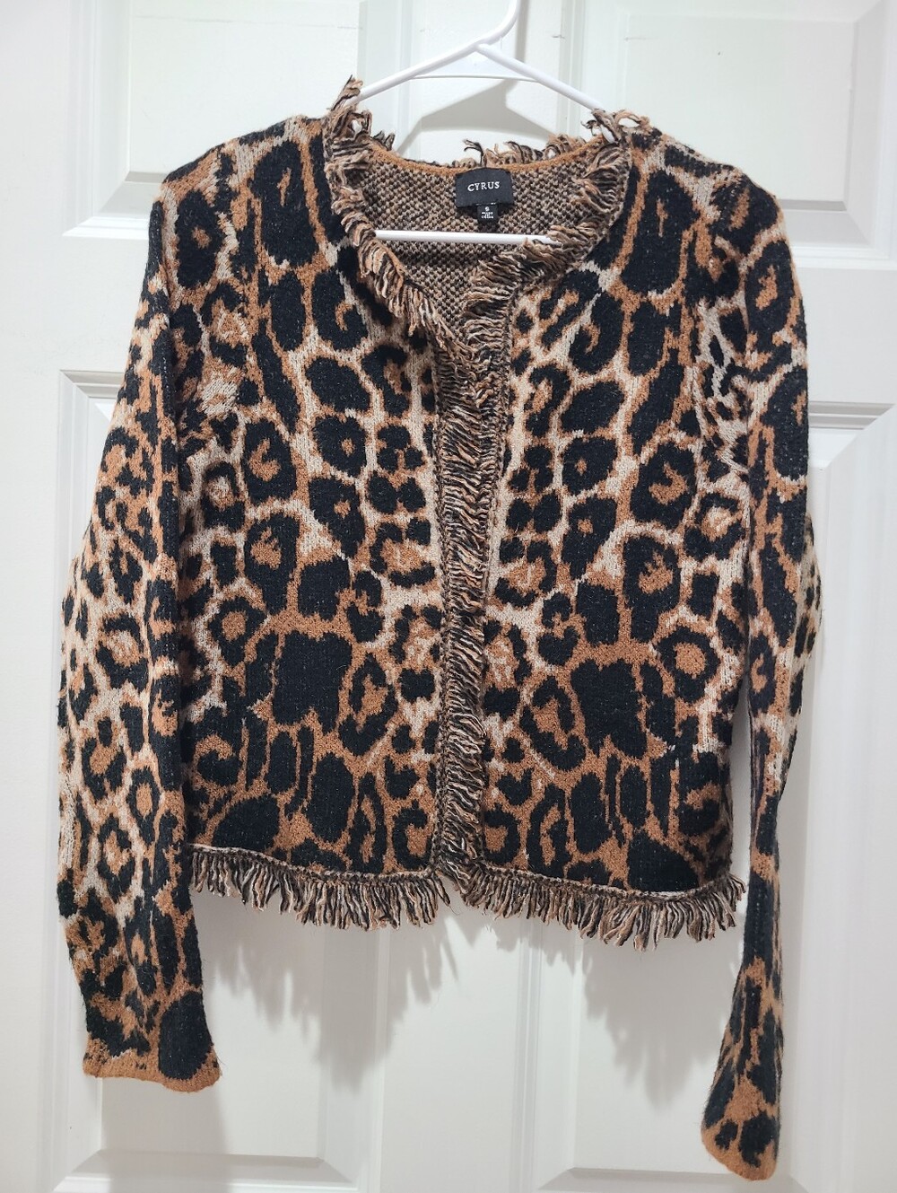 Cyrus Leopard Fringed Open-Front Cropped Cardigan Black Camel Small